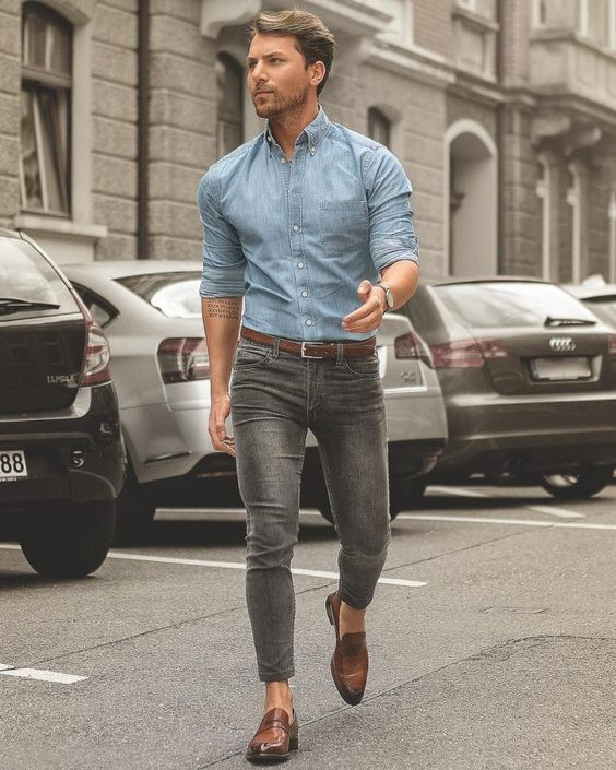 Grey Casual Trouser, Stylish Attires Ideas With Light Blue Denim Shirt, Men's Dressy Outfit Ideas: 