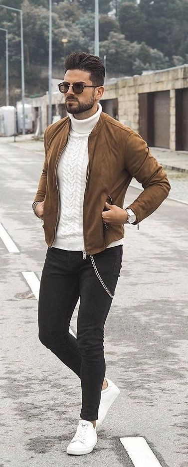 Brown Bomber Jacket, Turtleneck Fashion Ideas With Black Jeans, Brown Outfit Men: 