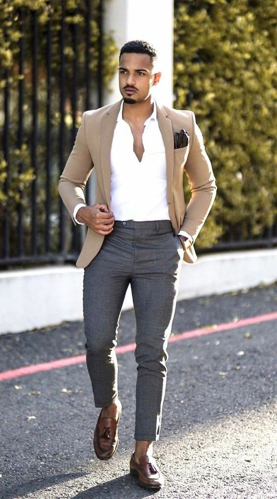 Beige Suit Jackets And Tuxedo, Blazer Outfits Ideas With Grey Jeans, Tan Blazer Outfit Men's: 