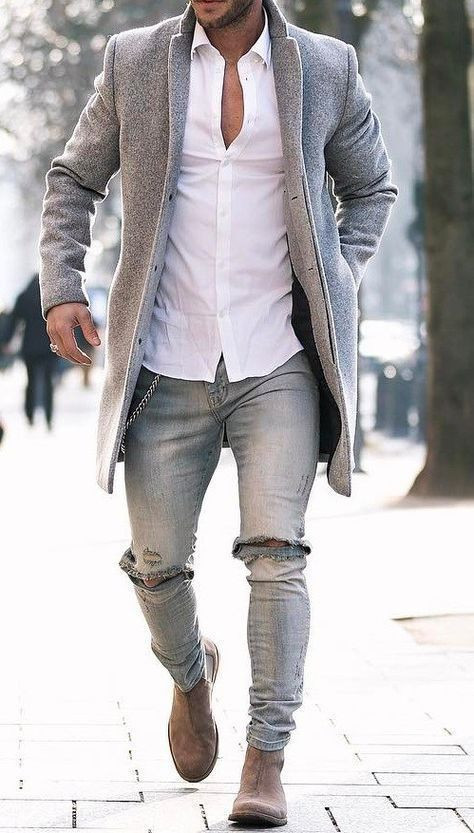 Grey Jeans, Stylish Ideas With Grey Wool Coat, Chelsea Boots Ripped Jeans: 