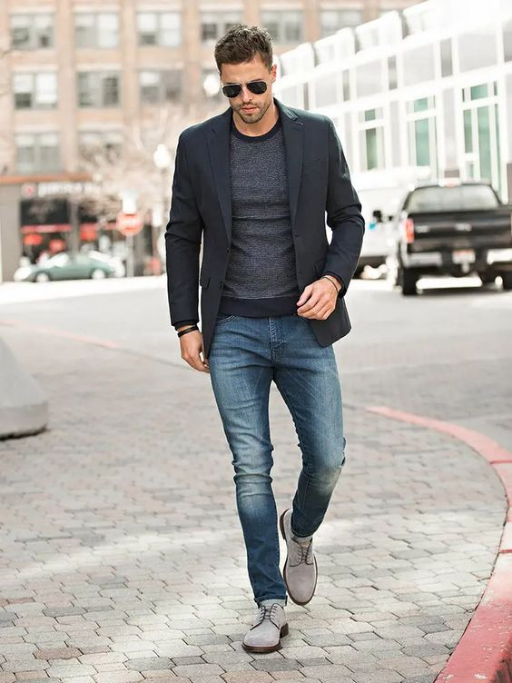 Light Blue Jeans, College Wardrobe Ideas With Dark Blue And Navy Suit Jackets Tuxedo, Smart Casual Men: 