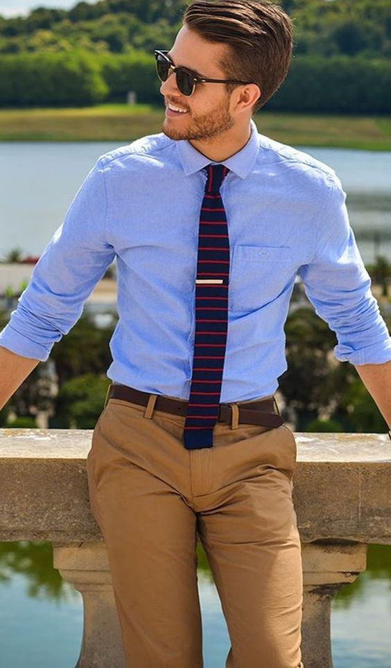 Light Blue Shirt, Formal Shirt Fashion Wear With Beige Pants, Blue Oxford Shirt Outfit: 