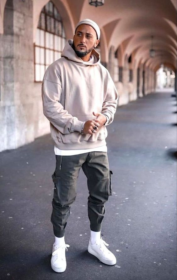 Beige Hoody, Winter Outfit Trends With Grey Leather Trouser, Outfit ...
