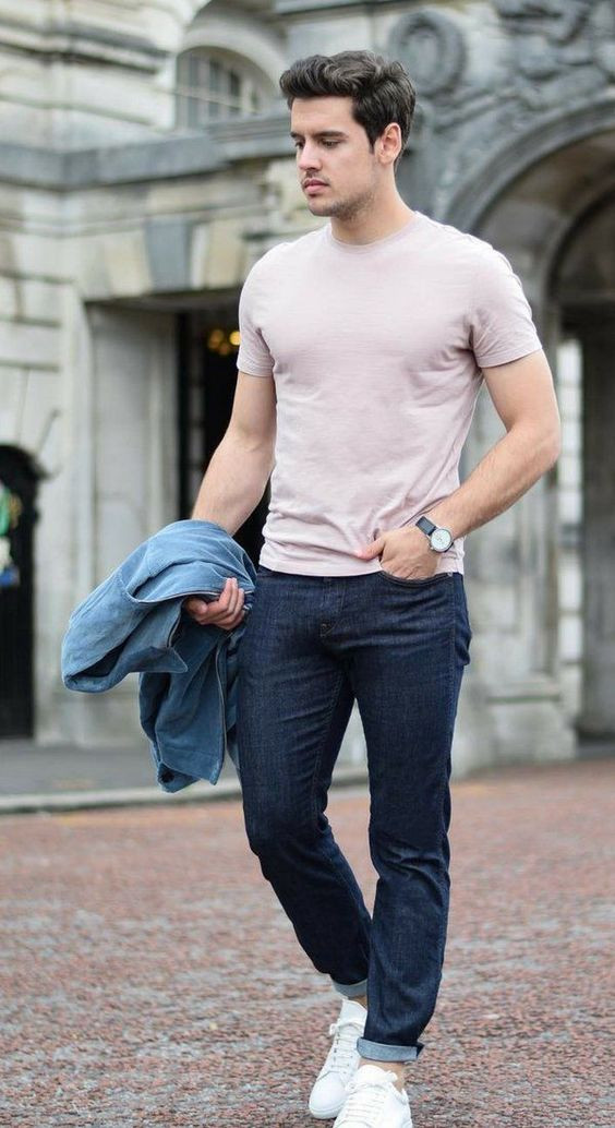 Dark Blue And Navy Casual Trouser, Attires Ideas With Pink T-shirt, Casual Men Street Style Summer: 