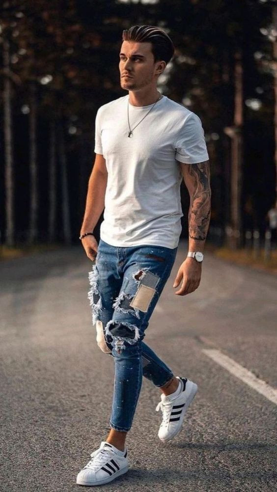 Dark Blue And Navy Casual Trouser, Ripped Jeans Outfit Designs With White T-shirt, Jeans: 