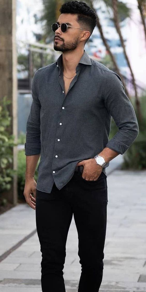 Grey Shirt, Men Shirts Fashion Tips With Black Jeans, Tmf Formal Outfit: 