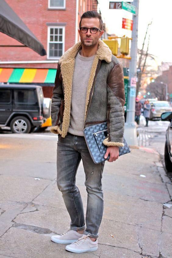 Light Blue Jeans, Stylish Clothing Ideas With Brown Pilot Jacket, Men's Shearling Grey: 