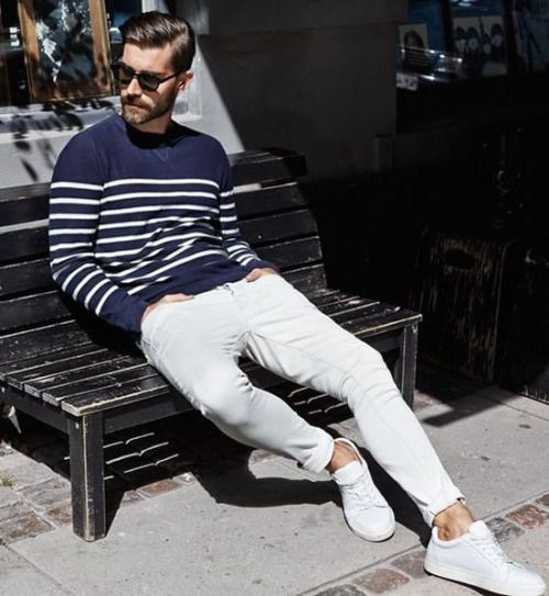 Mens Fashion Style & Outfit inspo by Blogger MR TURNER. Striped Blue and  White shirt by Saba, Navy …
