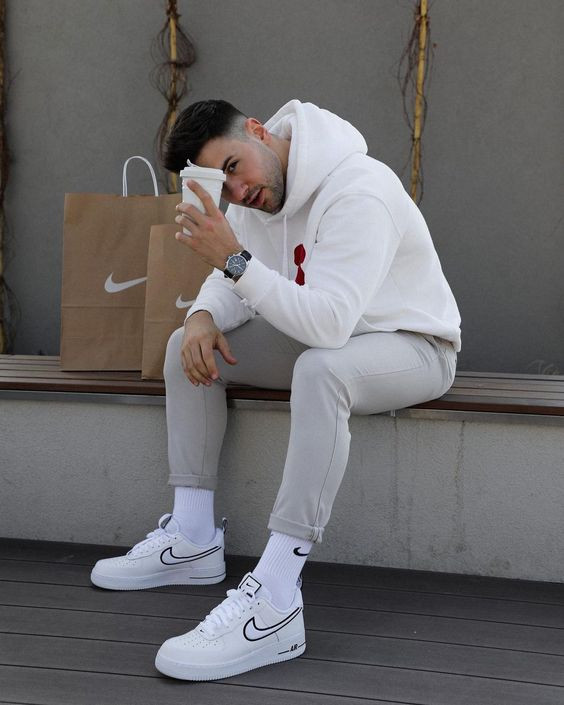 White Winter Jacket, Winter Fashion Wear With Grey Trouser, Nike Air Force 1 Men Outfit: 