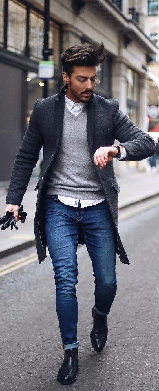 Grey Wool Coat, Winter Fashion Trends With Dark Blue And Navy Casual Trouser, Casual Overcoat Outfit: 