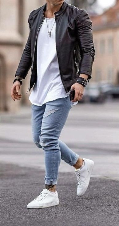 Light Blue Jeans, Ripped Jeans Outfit Designs With Grey Racer Jacket, Coole Outfits Männer: 