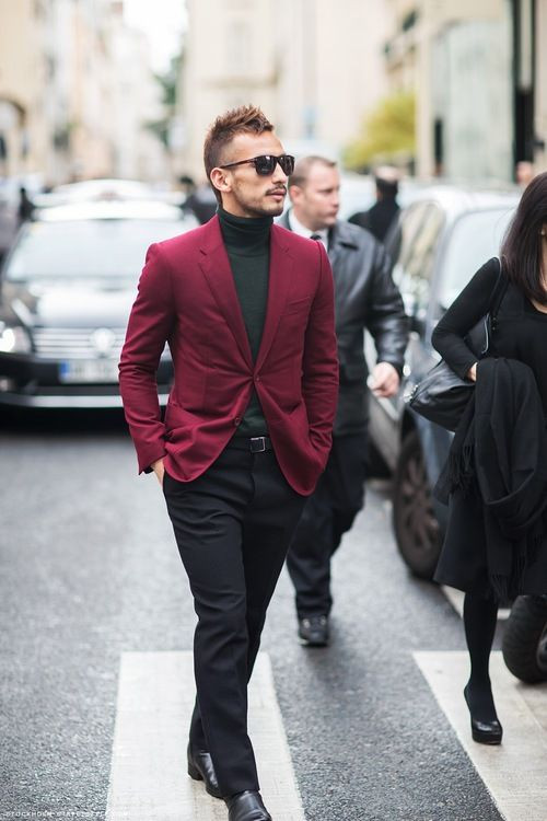 Red Suit Jackets And Tuxedo, Turtleneck Attires Ideas With Black Formal Trouser, Maroon Blazer Style Men: 