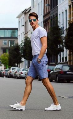 Light Blue Denim Short, Shorts Fashion Outfits With White Polo-shirt, Shorts Outfit Men: 