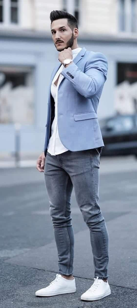 Grey Casual Trouser, Stylish Outfits With Light Blue Winter Coat, Style Blazer With Jeans: 