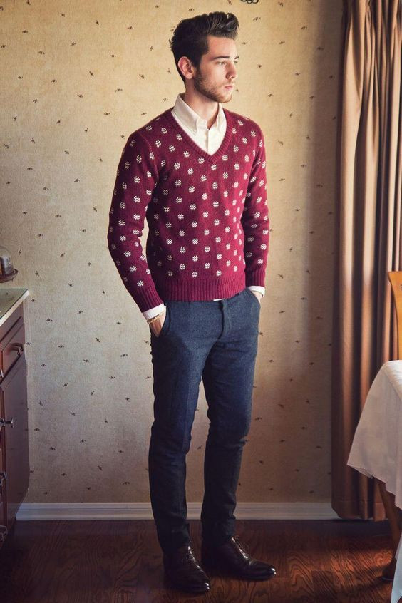 Red Sweater, Men's Winter Fashion Wear With Dark Blue And Navy Jeans, 男生 聖誕 穿 搭: 