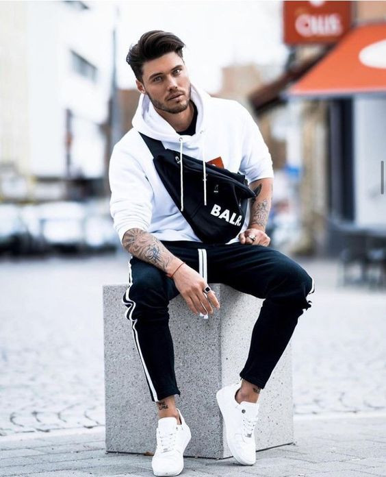 White Sweatshirt, Winter Fashion Tips With Black Casual Trouser, Shoe: 