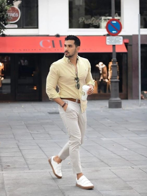 Beige Shirt, Men's Pastel Fashion Wear With Khaki Jeans, Jeans: 