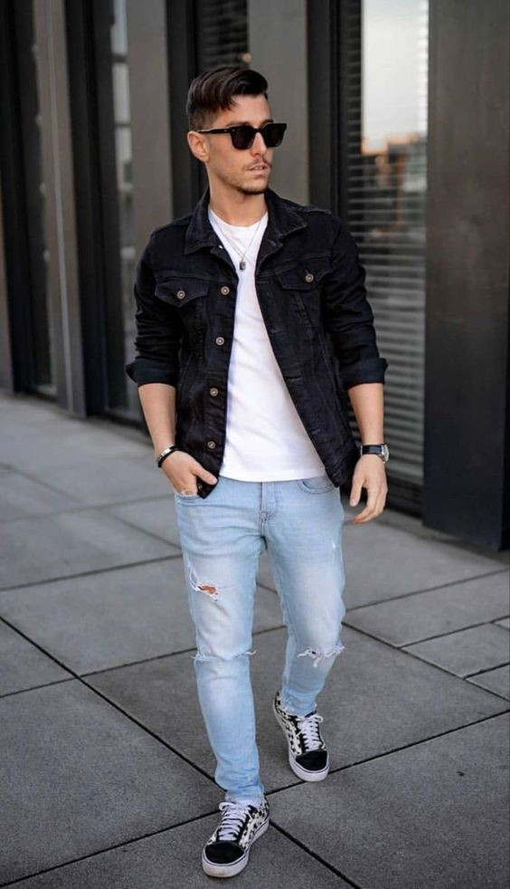 Black Casual Jacket, Vans Fashion Trends With Light Blue Casual Trouser ...