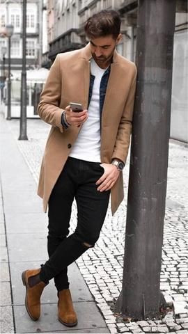 Beige Wool Coat, Chelsea Boots Fashion Ideas With Black Suit Trouser, Classy Men Clothes: 