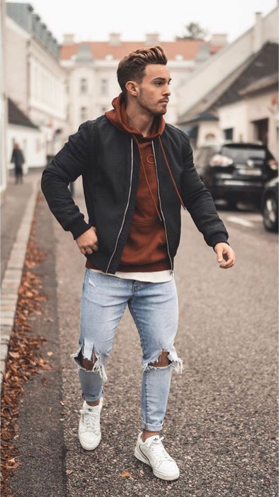 Light Blue Jeans, Ripped Jeans Outfit Trends With Black Harrington Jacket, Fashion: 