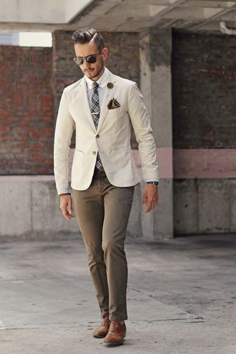 Beige Suit Jackets And Tuxedo, Blazer Outfit Designs With Green Casual Trouser, Cream Blazer Men's Outfit: 