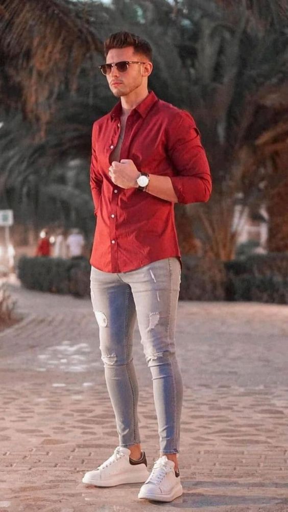 Red Jackets And Coat, Men Shirts Outfit Trends With Light Blue Jeans ...