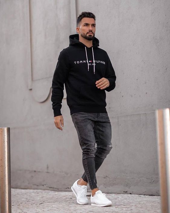 Black Hoody, Winter Outfit Designs With Grey Sweat Pant, Men's winter clothes 2022: 