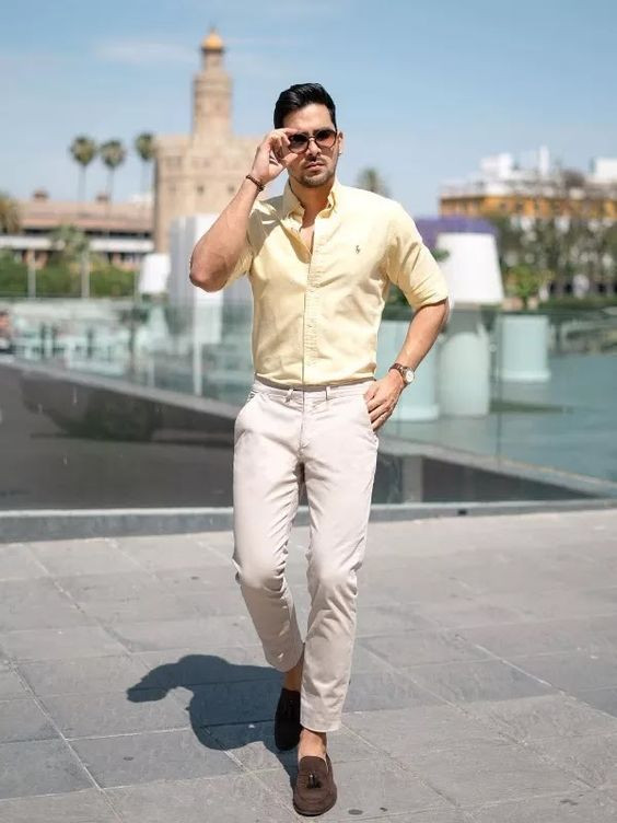 Yellow Shirt, Men's Pastel Wardrobe Ideas With Beige Jeans, Yellow Colour Shirt Combination Pant: 