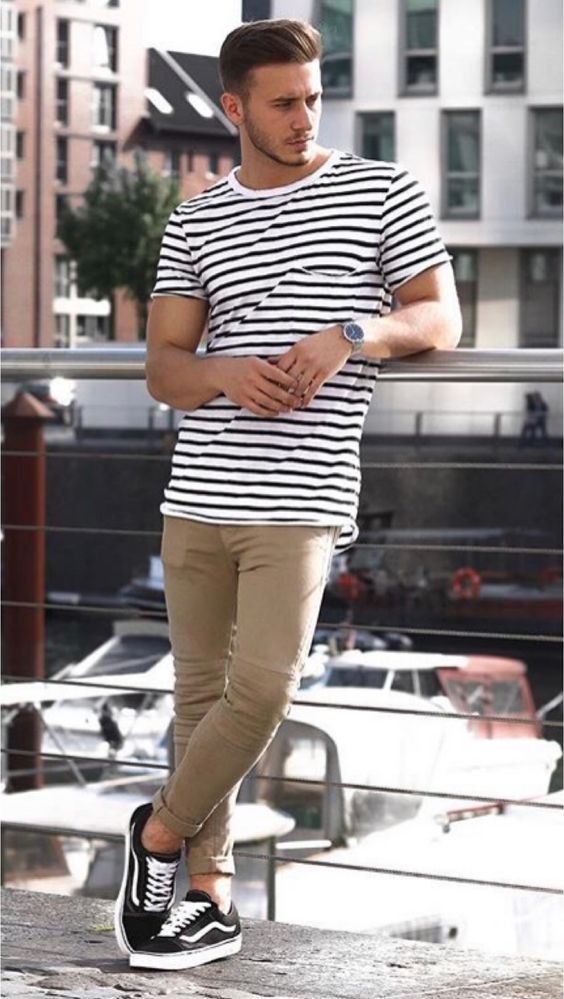 T-shirt, Vans Fashion Tips Beige Sweat Pant, Outfit With Striped T-shirt Man | Casual wear, beige chinos