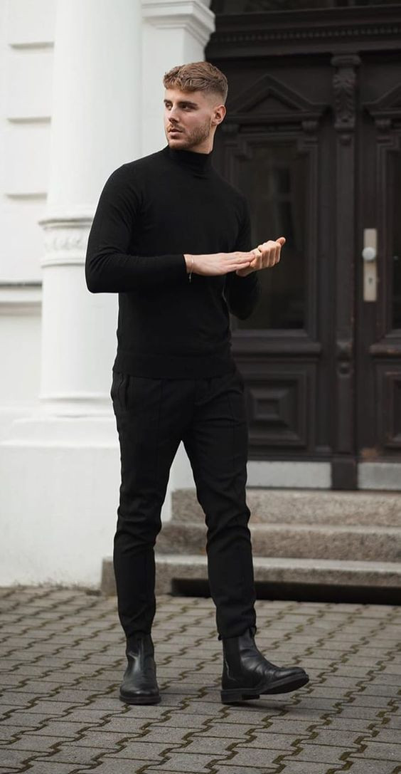 Black Sweater, Chelsea Boots Attires Ideas With Black Casual Trouser ...