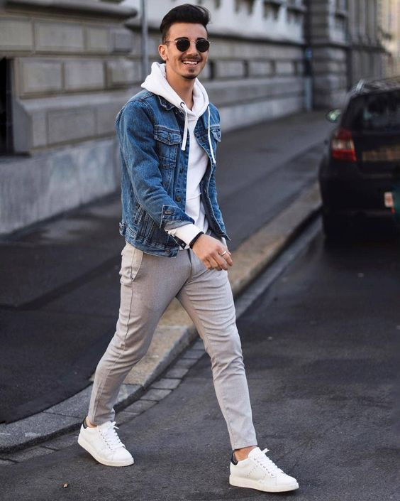 Light Blue Denim Jacket, Camping Fashion Trends With Beige Casual Trouser, White Sneakers Outfit Male | Men's style, wear, men's fashion accessory