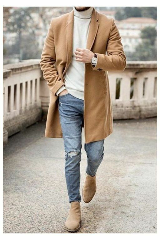 Beige Wool Coat, Boot & Turtleneck Outfits With Light Blue Casual Trouser, Dress Men For Winter In New York: 