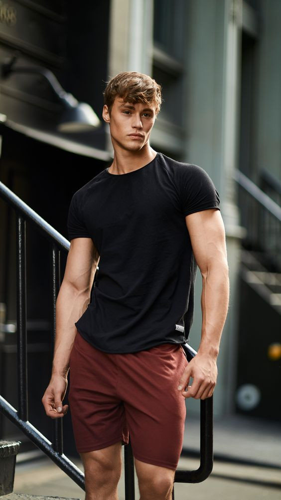 Black T-shirt, Gym Fashion Wear With Orange Casual Short, Men's Athletic & Workout Clothes: 