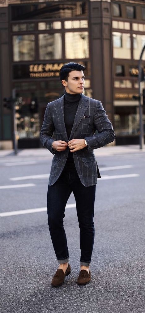 Dark Blue And Navy Suit Jackets Tuxedo, Turtleneck Blazer Clothing Ideas With Black Casual Trouser, Men's Turtleneck Smart: 