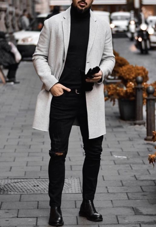 Beige Wool Coat, Boot & Turtleneck Wardrobe Ideas With Black Jeans, Black Turtleneck Outfits Men's: 