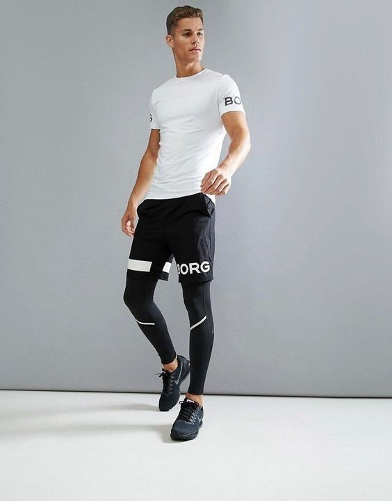 White T-shirt, Gym Attires Ideas With Black Leather Legging, Gym Outfit Men Skinny: 