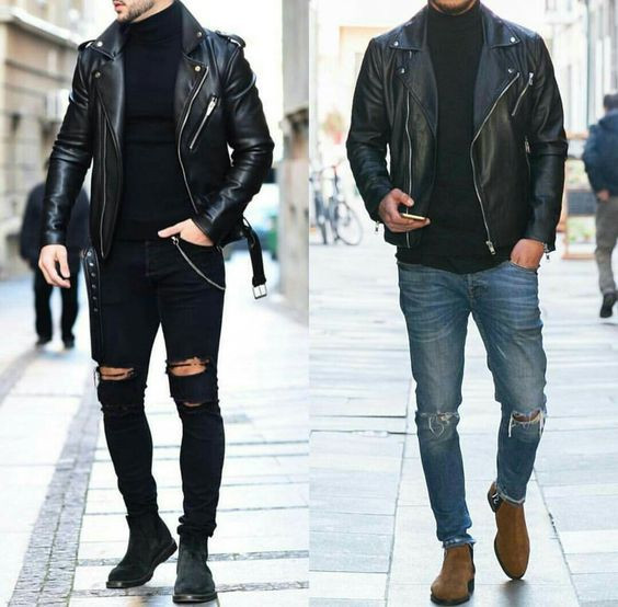 Black Biker Jacket, Boot & Turtleneck Outfits Ideas With Black Jeans, Party Clothes Men: 