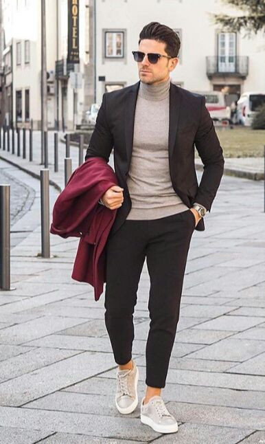 Red Wool Coat, Turtleneck Blazer Wardrobe Ideas With Black Suit Trouser ...