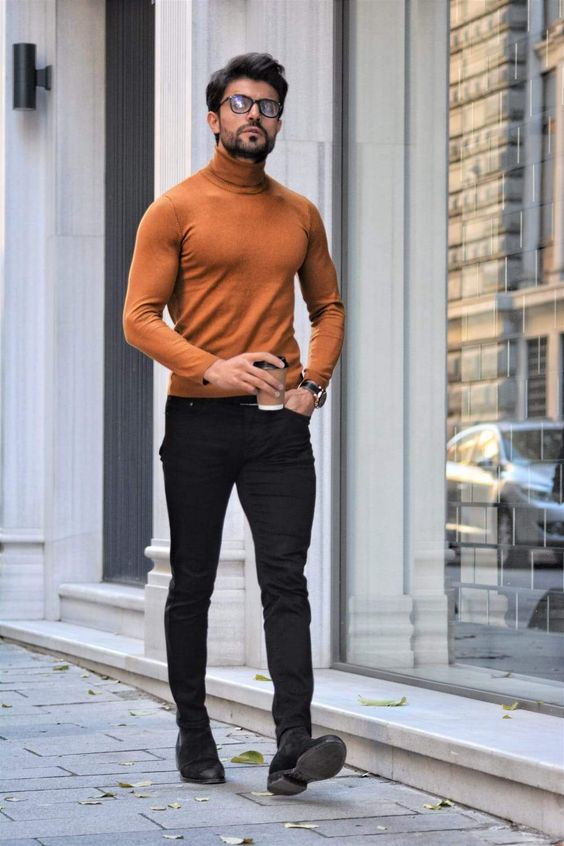 Orange Sweater, Boot & Turtleneck Outfit Designs With Black Jeans, Jeans: 