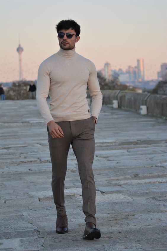 Beige Sweater, Boot & Turtleneck Fashion Tips With Brown Suit Trouser, Jeans: 