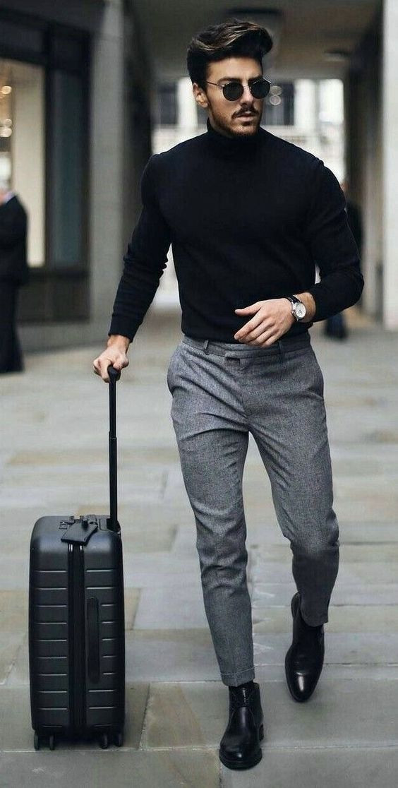 Black Sweater, Boot & Turtleneck Outfit Designs With Grey Formal Trouser, Black Turtleneck Outfit Men: 