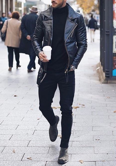 Black Pilot Jacket, Boot & Turtleneck Clothing Ideas With Black Jeans, Gents Dress: 