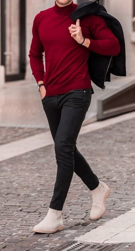 Red Sweatshirt, Boot & Turtleneck Wardrobe Ideas With Black Casual Trouser, Jeans: 