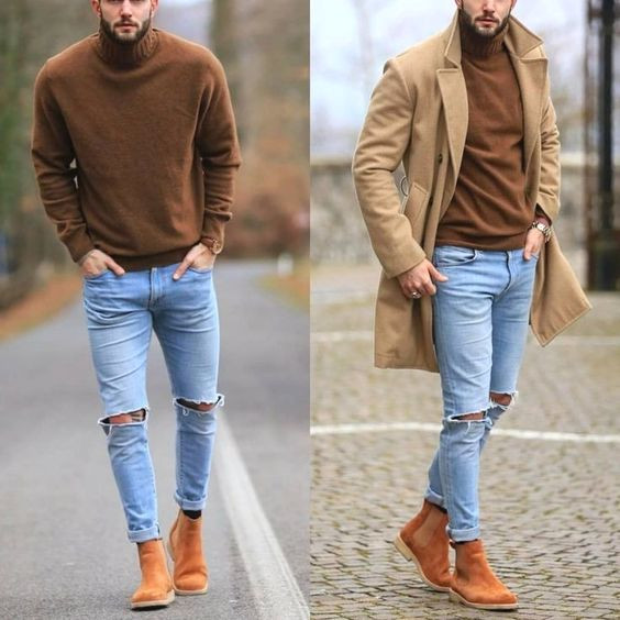 Beige Winter Coat, Boot & Turtleneck Fashion Ideas With Light Blue Casual Trouser, Winter Fashion Trends For Men: 