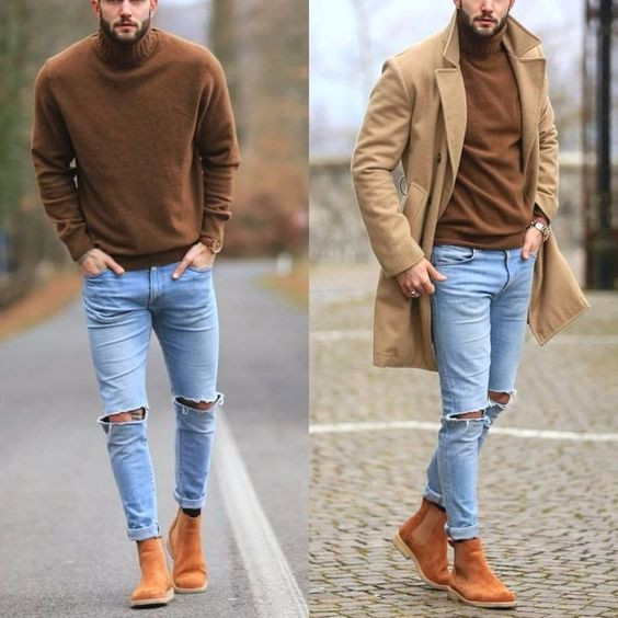 Beige Winter Coat, Boot & Turtleneck Fashion Ideas With Light Blue ...