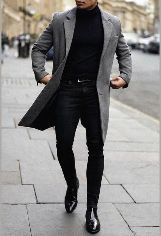 Grey Trench Coat, Boot & Turtleneck Fashion Trends With Black Casual Trouser, Blazer: 