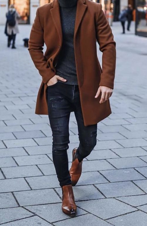 Brown Winter Coat, Boot & Turtleneck Ideas With Black Leather Trouser, Men's Top Coat: 