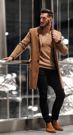Beige Winter Coat, Boot & Turtleneck Clothing Ideas With Black Casual Trouser, Best Man Style: 