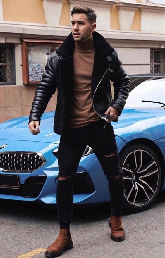 Male look with leather jacket, brown boots: 