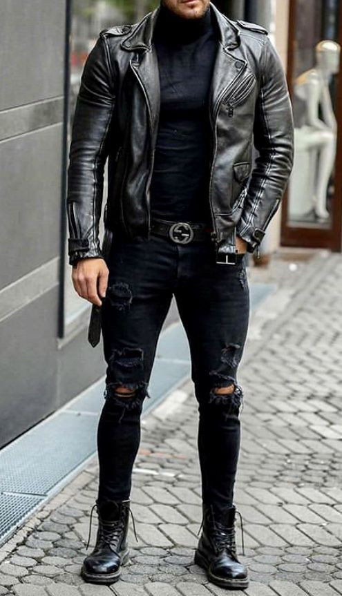 Black Biker Jacket, Boot & Turtleneck Fashion Tips With Black Casual Trouser, Dress With Black Leather Jacket Men's: 